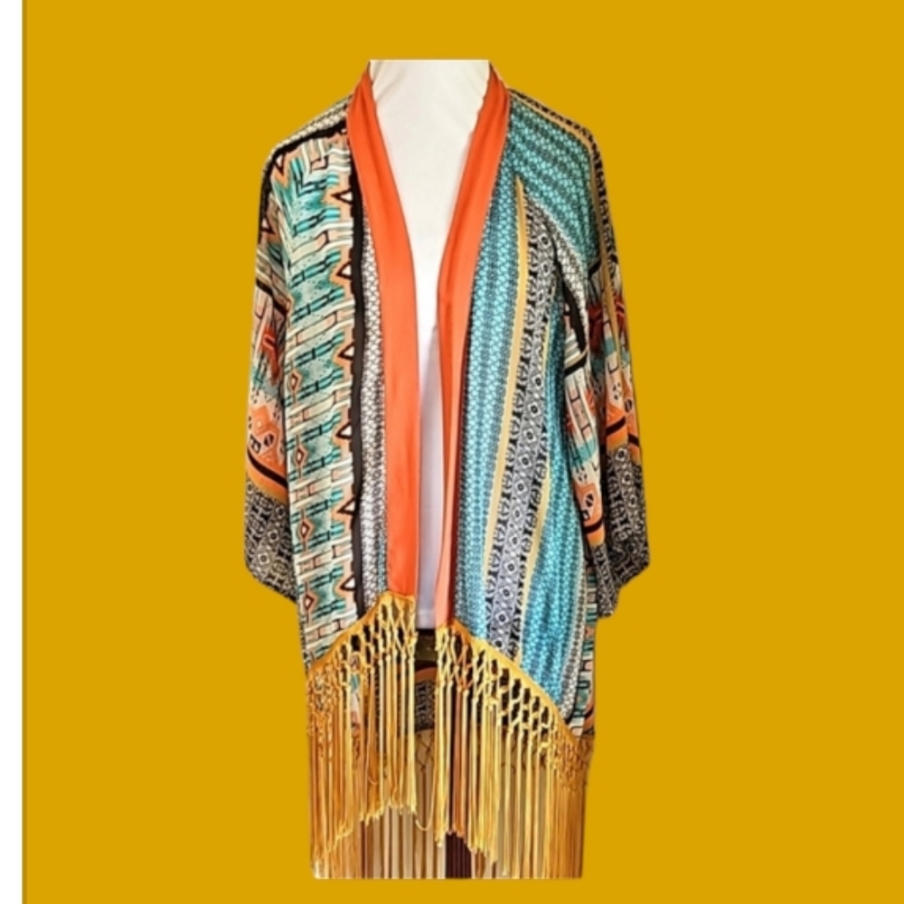 FLYING TOMATO GOLD FRINGE KIMONO COVERUP CARDIGAN SIZE LARGE Hi Low‎